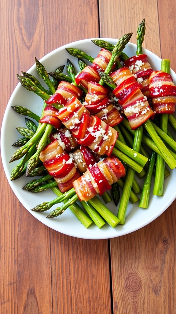 Bacon-wrapped asparagus on a plate, garnished with Parmesan cheese, on a rustic wooden table.